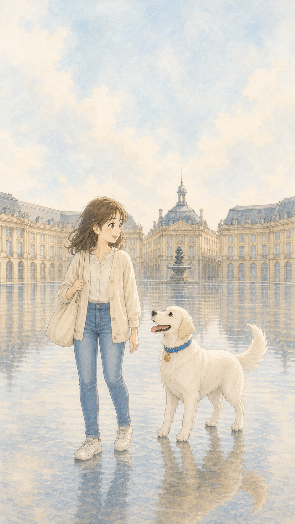 ボルドーの水鏡を主人公とCalinが歩くイラスト